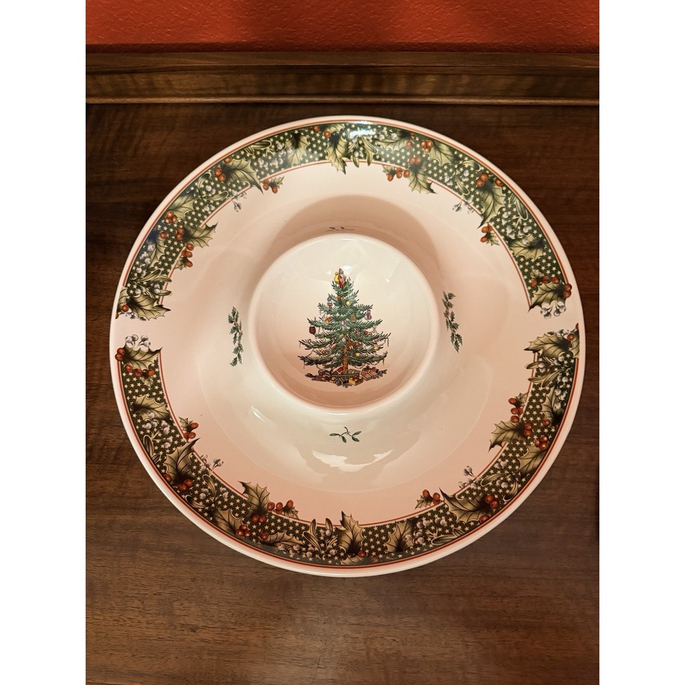 Spode Christmas Tree Huge 14" Chip And Dip Holly & Stars Border Excellent
